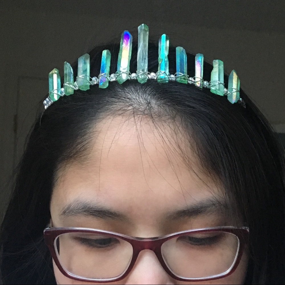 Pale Green Iridescent Aura Crystal Tiara Crown
